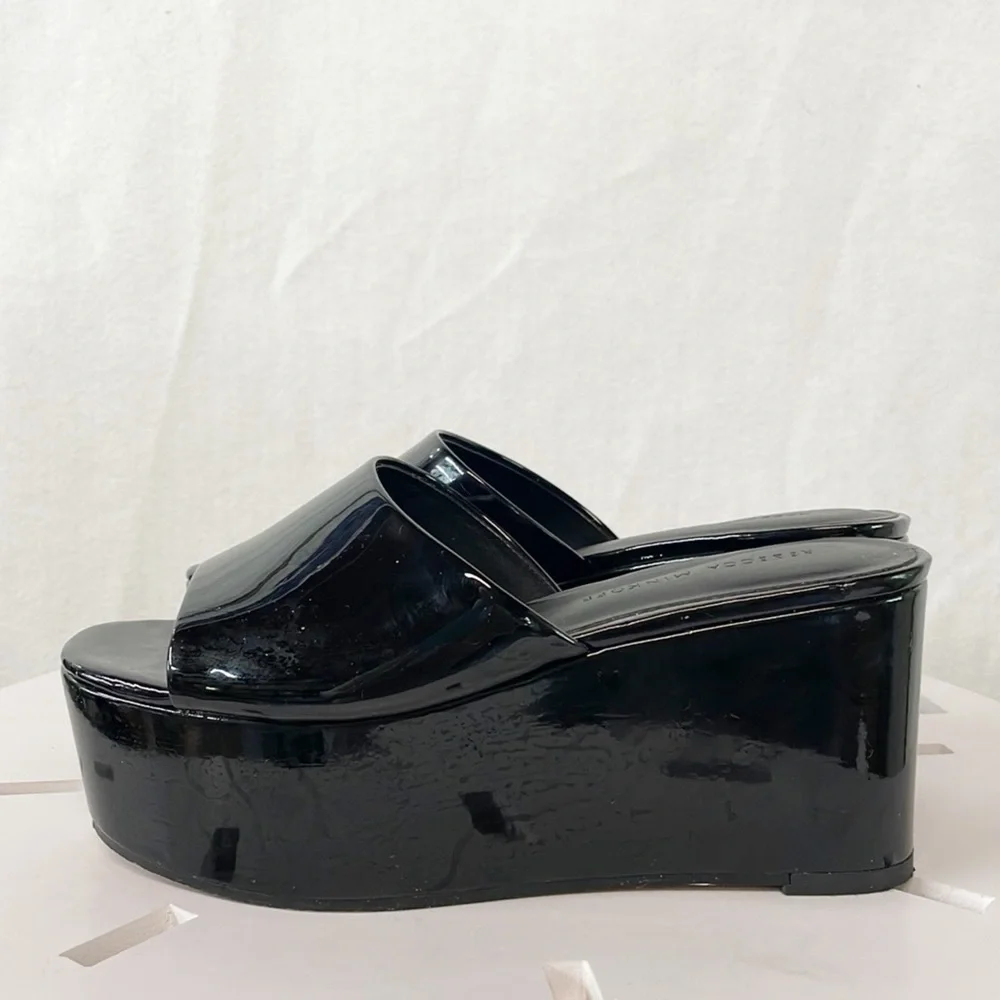 Rebecca‎ Minkoff Womens Sz 5.5M Jeanee Platform Slide Shoes Black Faux Leather